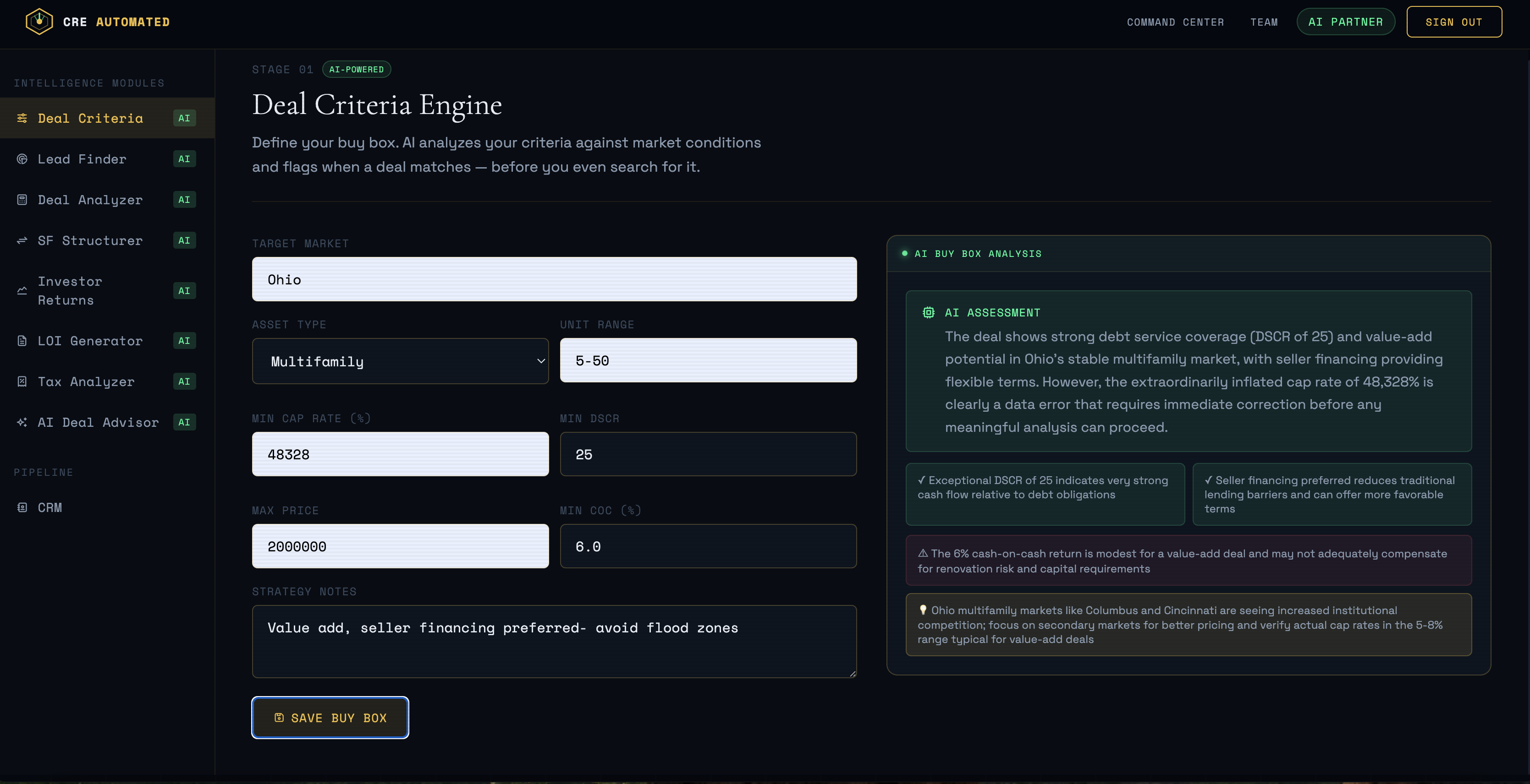 Deal Criteria tool
